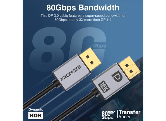 Promate DPLink-16K DisplayPort 2.0 Cable, Premium Ultra HD 16K@60Hz Video Display Cord, Gold Plated Connectors, 2m Super Slim Cable